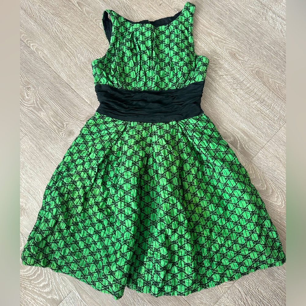 Size 4 Tracy Reese embroidered holiday party frock in green with black sash